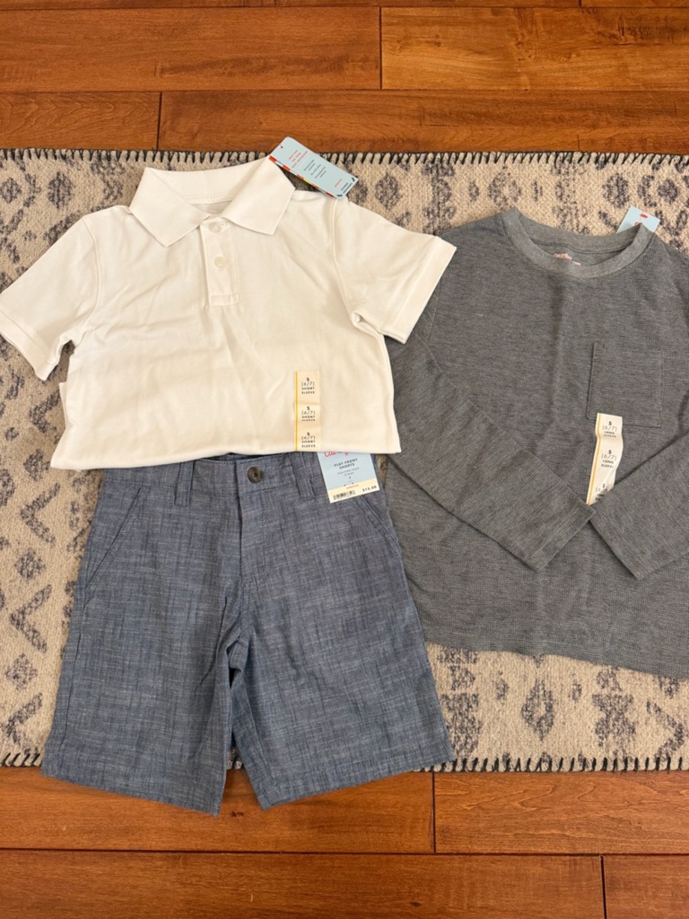 Cat & Jack White Polo, Gray Long-Sleeve Tee & Blue Shorts Set